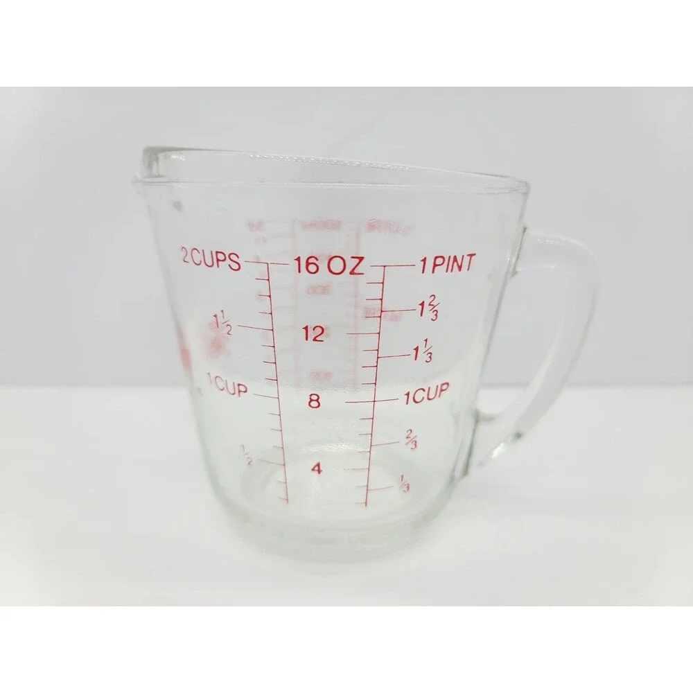 Fire King Measuring Cup 2 Cup D-Handle #498 Clear Glass with Red Lettering